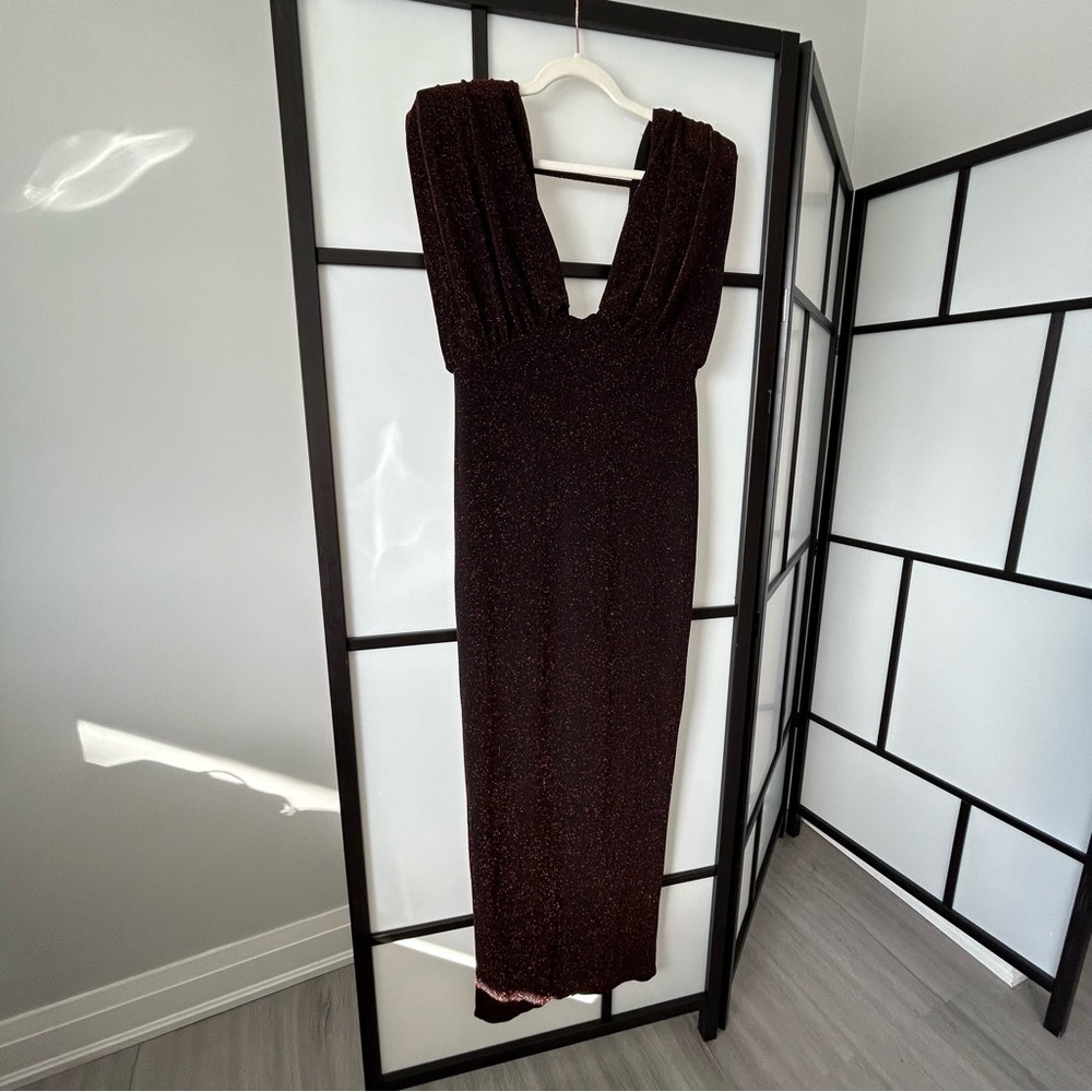 [8] ASOS NWT Women’s Plunge Neck Sparkle Red Glitter Illusion Black Gown